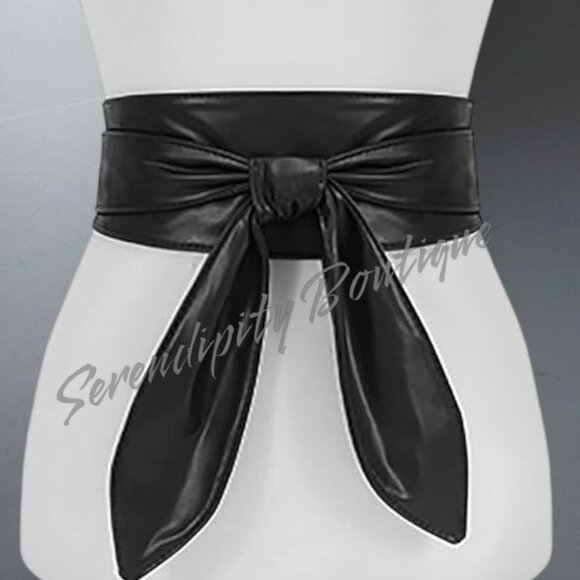 Sleek Glove Tanned Soft Faux Leather Versatile Tie Wide Corset Black Belt - Picture 8 of 11